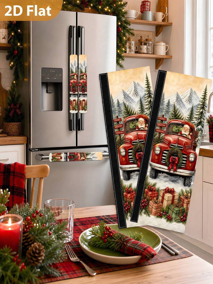 1/2Pcs Christmas Fridge Handle Covers, Santa Claus, Red Truck, Gift Box, "Merry Christmas" Pattern, With Hook And Loop, Suitable For Refrigerator, Oven, Microwave, Dishwasher, Christmas Holiday Kitchen Decor - View 1