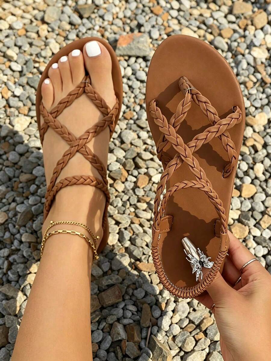 Women Flat Sandals, Solid Color Criss-Cross Elastic Strap Non-Slip Casual Summer Beach Sandals, Minimalist