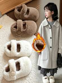 Autumn/Winter Girls' Cloud-Feel Indoor/Outdoor Fuzzy Slippers With One-Strap Round Buckle Hook-And-Loop Design, Soft Warm House Shoes - Khaki - View 1