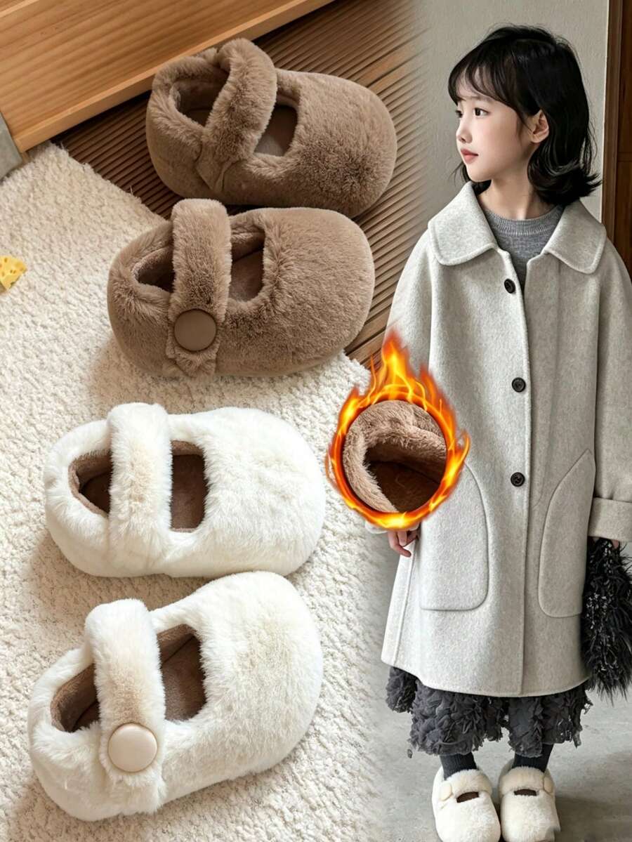 Autumn/Winter Girls' Cloud-Feel Indoor/Outdoor Fuzzy Slippers With One-Strap Round Buckle Hook-And-Loop Design, Soft Warm House Shoes - Khaki - View 1