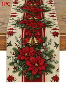 Classic Vintage Christmas Table Runner, Throw Pillow, Placemat, Red Poinsettia, Gold Bell, Red Ribbon, Pine Branch, Holly Berry Print, Country Style Kitchen Dining Table Decor Long Cloth, Holiday Party Decoration - Multicolor - View 13