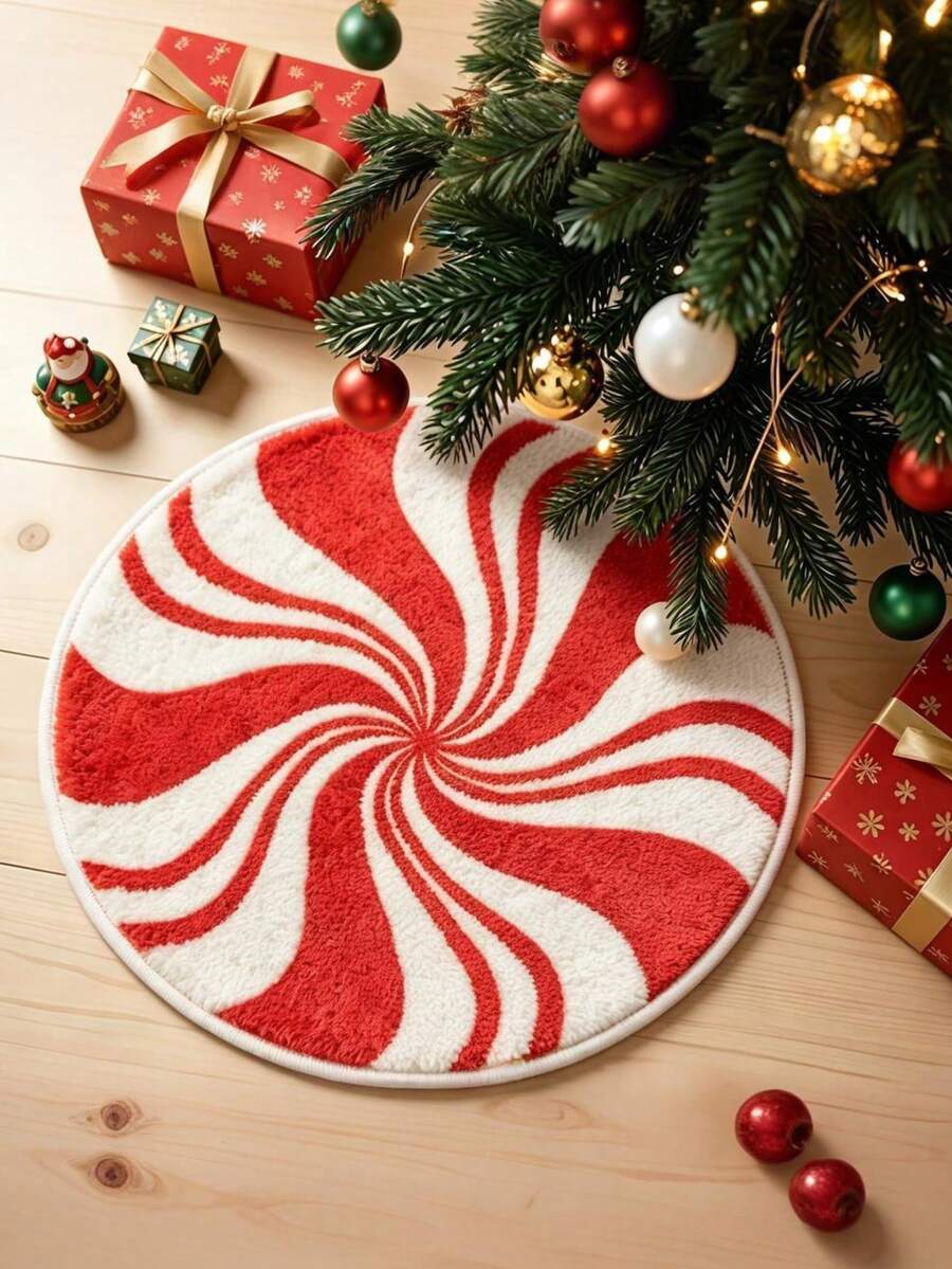 Round Burgundy Christmas Tufted Rug With Checkered Border, Snowman, Gingerbread, Gift, Candy Cane Plush Rug, Christmas, Candy - Red - View 1