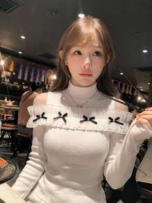 Apricot Lace Patchwork Bow Long Sleeve Knit Sweater Women Autumn/Winter Gentle Style Slim Fit Base Layer Top - Apricot - View 1