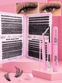 640pcs DCurl Natural Eyelash Clusters, 10D-100D Mixed Density, Large Capacity Cartoon Style And Classic Eyelashes, Long-Lasting And Suitable For Beginners, Complete Set With Glue, Tweezers And Brush, Suitable For Daily Makeup, Party, Wedding, Christmas And Music Festival - Pink - View 2