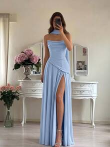 ADYCE Elegant Halter Neck Sweetheart Neckline High Waist Pleated High Slit Backless Floor Length Party Dress, Suitable For Prom, Birthday, Christmas, Wedding - sea blue - View 1
