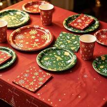 50PCS Christmas Paper Tableware Kit, Golden Foil Snowflake Disposable Plates Paper Cups Napkins, Festive Table Decor For Christmas Family Gathering Party - Multicolor - View 1