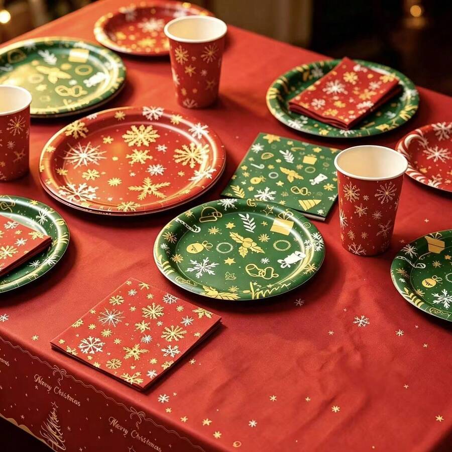 50PCS Christmas Paper Tableware Kit, Golden Foil Snowflake Disposable Plates Paper Cups Napkins, Festive Table Decor For Christmas Family Gathering Party - Multicolor - View 1