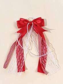1pc Sweet & Cool Aesthetic Patchwork Bow Charm Pendant, Pearl Chain Bag Accessory, Travel Photo Outfit Decoration - Multicolor - View 12