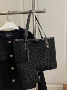 2pcs Leopard Print Handbag Set With Double Handles, Fashion Design, Suitable For Business Casual, Commuting, Back To School And Vacation Travel. Women's Tote Bag, Black Bag - Black - View 4