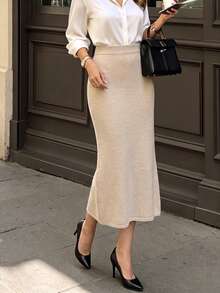 DONICY Women's Oat High Waist Ribbed Knit Slim Mermaid Midi Skirt, Stretchy Bodycon Knit Bottoms For Spring Fall Daily Wear - Apricot - View 9