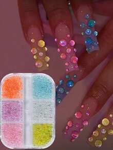 6 Grids Mixed Colorful Aurora Mermaid Beads Nail Charms Pink Blue Mini Round Pearl Bubble Beads Rhinestones DIY Winter Christmas Nails Decoration - Multicolor - View 1
