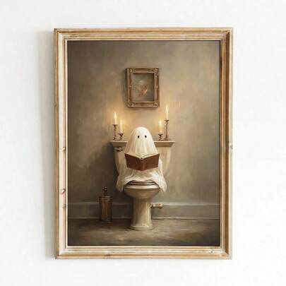 Unframed Ghost Reading On Toilet Vintage Canvas Poster Spooky Halloween Bathroom Funny Wall Art Print Moody Fall Toilet Decor Retro Painting For Apartment,Living Room,Bedroom,Modern Home Decoration