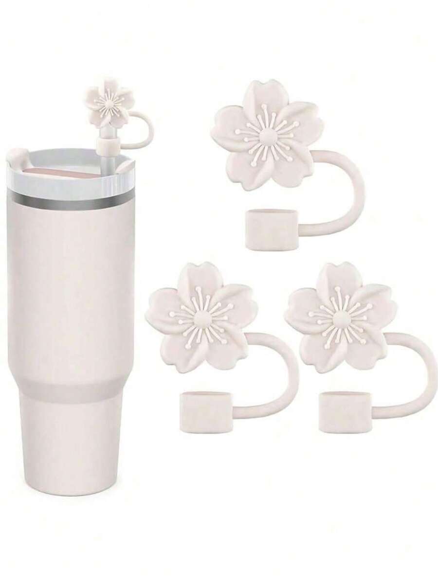 1pc/3pcs - Flower Straw Caps, Silicone Material, 10mm (0.4 Inch) Dustproof Reusable Straw Covers, Suitable For Decorating Various Beautiful Drinking Cups, Halloween Straw Caps, Autumn Cup Accessories (Pink), Mother's Day Gift - White - View 1