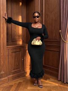 Elegant Feather Patchwork Sheath Dress, Crew Neck Long Sleeve, Fitted Silhouette, Versatile For Workplace, Party, Wedding, Cocktail, Formal Occasions, Spring/Autumn - Black - View 3