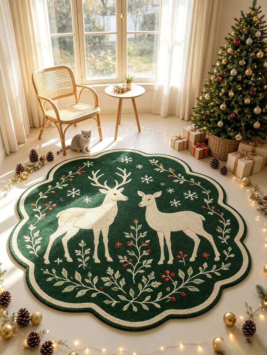 1pc Green Deer Living Room Rug, Thickened Rug, Thick Rug, Furry Rug, Autumn/Winter Rug, Thickened Rug, Living Room Rug, Rug, Living Room Area Rug, Small Area Rug, Mat, Home Decor, Large Living Room Rug, Round Rug, Living Room Home Decor, Room Decor, Washable Rug - Multicolor - View 1