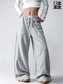 mulinsen Women's Heather Gray Curved Seam Loose Fit Sweatpants, Elastic Drawstring Waist, Casual Athletic Pants - Light Grey - View 7