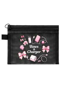 網格拉鍊收納包，附「Charger」蝴蝶結圖案，多功能便攜收納袋，數位配件收納袋，化妝包，保養品收納袋，旅行盥洗用品收納袋，宿舍用品，婚禮新娘禮物，生日禮物，朋友與老師禮物，浴室收納，珠寶收納，口紅化妝品收納袋，度假旅行必需品，戶外露營必需品 - 彩色 - 查看 16