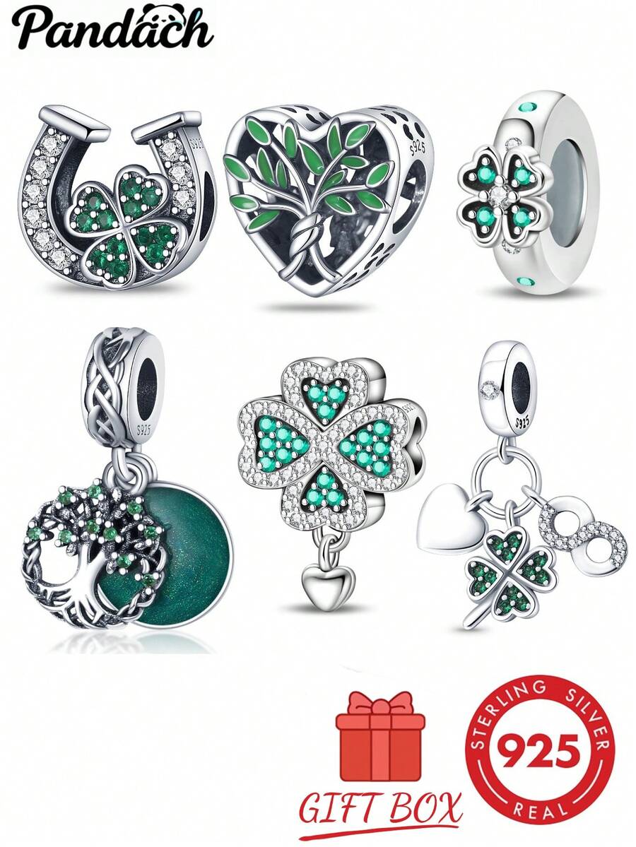 1pc S925 Sterling Silver Lucky Four-Leaf Clover Tree Of Life Bead, Horseshoe, Heart Tree, Infinity Symbol Multiple Styles, Inlaid With Emerald Green Zirconia And Green Enamel, Comes With Gift Box, Suitable For Bracelet Necklace DIY, Symbolizes Peace And Good Luck Gift Accessory - Multicolor - View 1