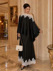 Lace Satin Black Cape Top And Skirts Set For Women Fall Winter Holiday Essentials Halloween Christmas - Black - View 3