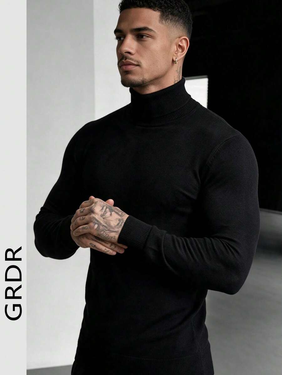GRDR Men's Solid Black Turtleneck Knit Wool Sweater, Light Business Basic Style, Autumn/Winter Layering Inner Base Layer - Black - View 1