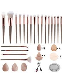 37pcs Multi-Function Makeup Tool Set, 20 Makeup Brushes & 15 Powder Puffs & Eyelash Curler & Brush Cleaner, Dense Soft Bristles With Even Powder Pickup And No Flying Powder, Suitable For Student Dorm Daily Makeup, Business Travel And Portable Makeup - Multicolor - View 19