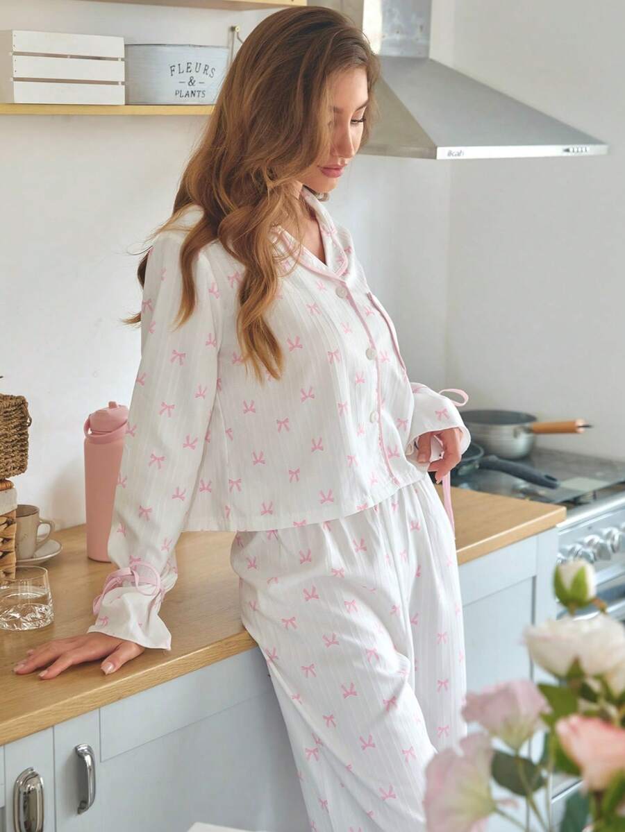 Women's Short Notch Neck Pajama Set, Pink Bow Print Wavy Stripe Long Sleeve Tie Cuff Top With Ruffle Wide Leg Pants, Soft Loungewear - Pink - View 1