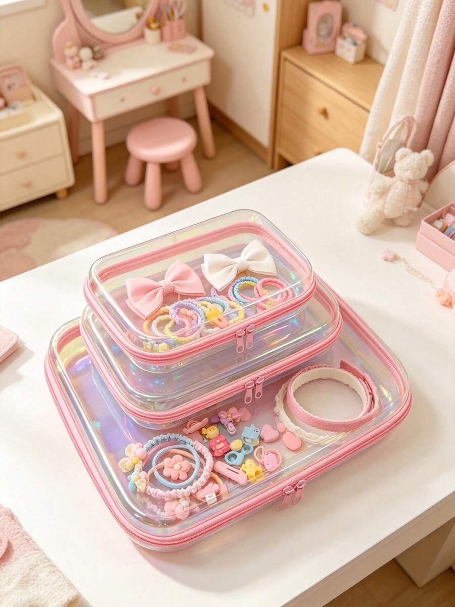 1Pc/3Pcs Pink Laser Transparent Portable Storage Pouch, Girls Kids Hairpin Hair Clip Hair Accessory Organizer Bag,Baby Stuff,Room Essentials - Multicolor - View 1