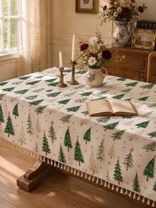 1pc Simple Pastoral Style Green Christmas Tree Pattern Tassel Lace Tablecloth, Single-Sided Printed Polyester Cotton Material, Winter Christmas Festival Atmosphere Rectangular, Square, Round Home Decor Dining Table Cloth, Suitable For Various Occasions Including Family Daily Activities, Birthday Parties, Holiday Gatherings Restaurant Tabletop Decoration - Multicolor - View 5