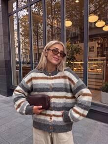 Women's Colorblock Striped Cardigan, Round Neck Button Sweater Top, Suitable For Halloween, Thanksgiving And Christmas Outfits - Grey - View 1
