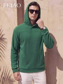 FEIAO Men's Vintage "Old Money" Solid Color Fleece Hoodie, Fashionable & Warm, Suitable For Work And Casual Wear - Green - View 3