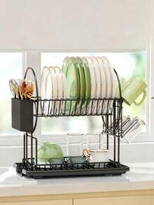 Escurridor de platos de doble capa para cocina, multifuncional, soporte para cuencos y platos, estante de almacenamiento de vajilla para encimera con bandeja de goteo y secado - Multicolor - Ver 1