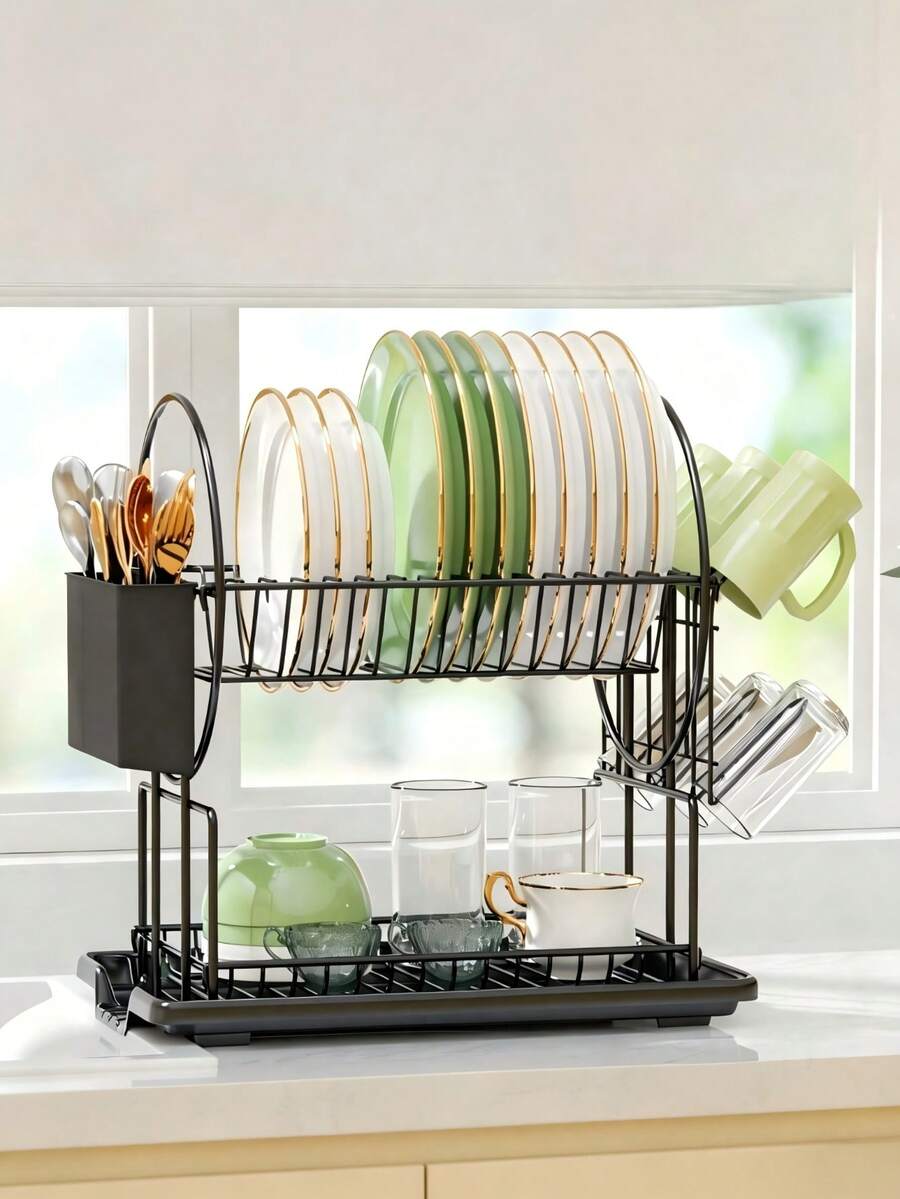 Escurridor de platos de doble capa para cocina, multifuncional, soporte para cuencos y platos, estante de almacenamiento de vajilla para encimera con bandeja de goteo y secado - Multicolor - Ver 1