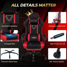 Fabric Gaming Chair With Footrest, Ergonomic Computer Desk Chair With Pocket Spring Cushion Home Office High Back Lumbar Support Heavy Duty Wide - Red - View 6