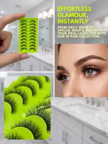 10 Pairs Fluffy Cat Eye False Eyelashes D Curl Thin Black Band Soft Synthetic Lightweight Reusable Volume Look For Daily Party, Strip Lashes Eyelash Extensions For Women - Black - View 5