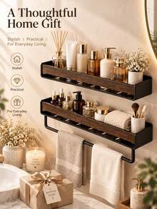 1pc Black Bathroom Storage Rack, Modern Wall-Mounted Organizer With Towel Bar, Double Layer Shower Caddy, Suitable For Shampoo, Lotion, Skincare And Toiletries, Space-Saving Floating Shelf, Suitable For Bathroom Countertop, Shower Room And Home Decor - Multicolor - View 7