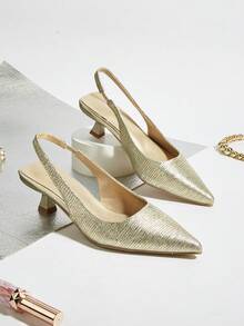 Women's Solid Color Ruched Kitten Heel Shoes, Elegant Pointed Toe High Heels, Fashion Ankle Strap Open Back High Heels (Random Cut) - Gold - View 1