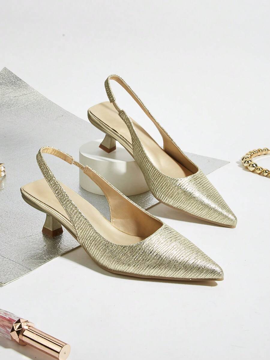 Women's Solid Color Ruched Kitten Heel Shoes, Elegant Pointed Toe High Heels, Fashion Ankle Strap Open Back High Heels (Random Cut) - Gold - View 1