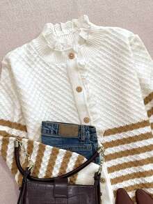 Women's Autumn/Winter Casual Loose Fit Versatile Lace Patchwork Striped Colorblock Button Knit Cardigan - White - View 4