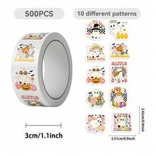 500Pcs Hippie Ghost Halloween Roll Stickers, Retro Cute Pumpkin Ghost Round Stickers, Self-Adhesive Decals For Party Gift Envelope Scrapbook Decor - 500 Pcs/roll - View 7