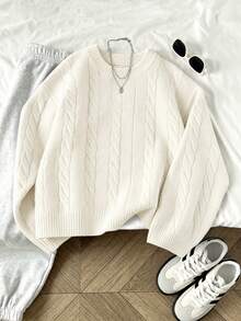 Autumn/Winter Casual Embroidered Crew Neck Cable Knit Sweater For Women, New Loose Cardigan Knitwear White Fall - White - View 5