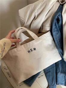 Casual Minimalist Letter Canvas Tote Bag Large Capacity For Outing Shopping Street Strolling High Cost-Performance Fashion Versatile Suitable For Moms With Kids Students Office Workers - Beige - View 2