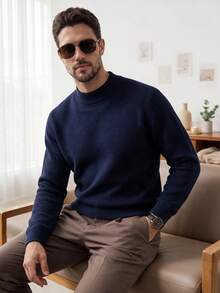 Men's Stand Collar Long Sleeve Solid Color Minimalist Casual Lightweight Knit Sweater, Autumn/Winter - Navy Blue - View 5