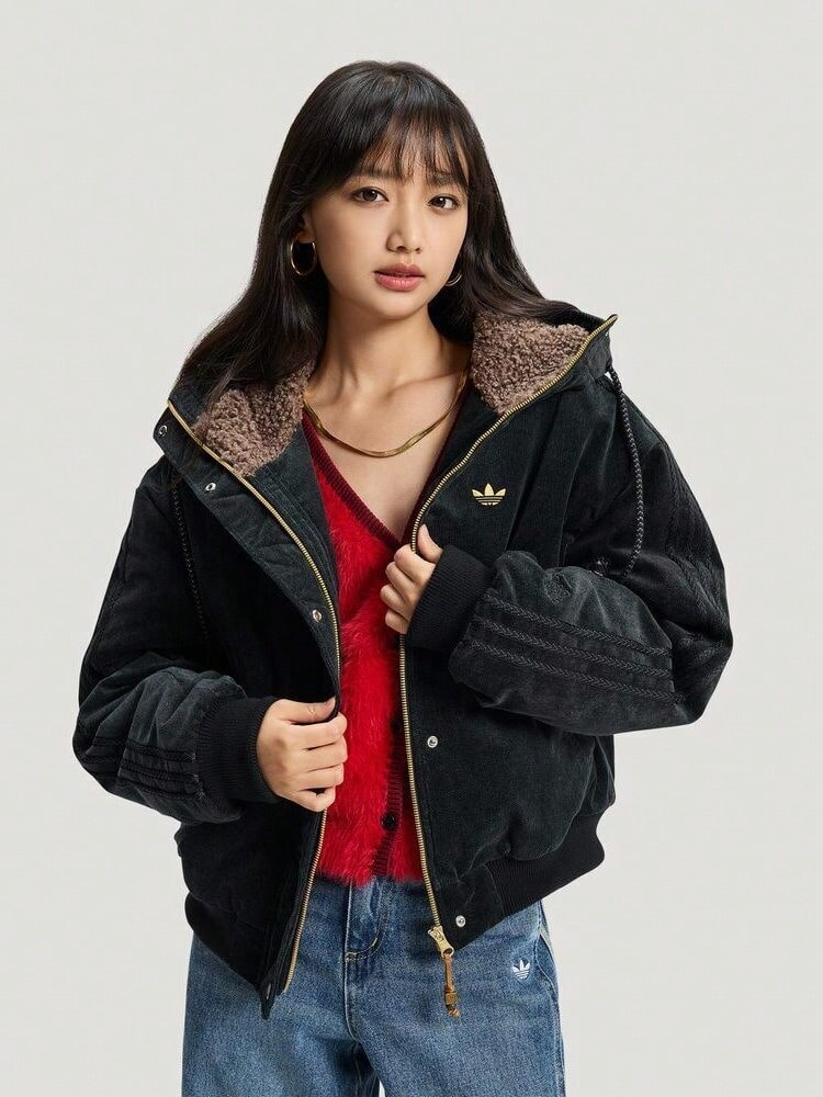 Adidas Originals Women's Patchwork Fur Collar Zip-Up Hooded Sporty Winter Coat - Black - View 1