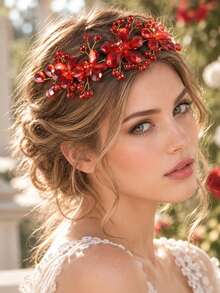 KOVLYNE 1pc Red Beaded Flower Headband, Sparkling Rhinestone Floral Hair Accessory, Elegant Eye-Catching Headpiece Suitable For Weddings, Parties, Date Nights And Special Occasions - Red - View 5