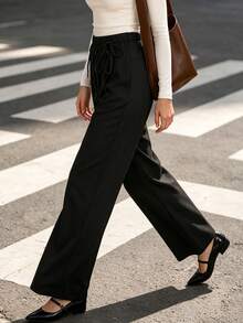 Fall Women Elastic High Waist Wide Leg Pants, Front Drawstring Loose Casual Trousers With Pockets - Black - View 6