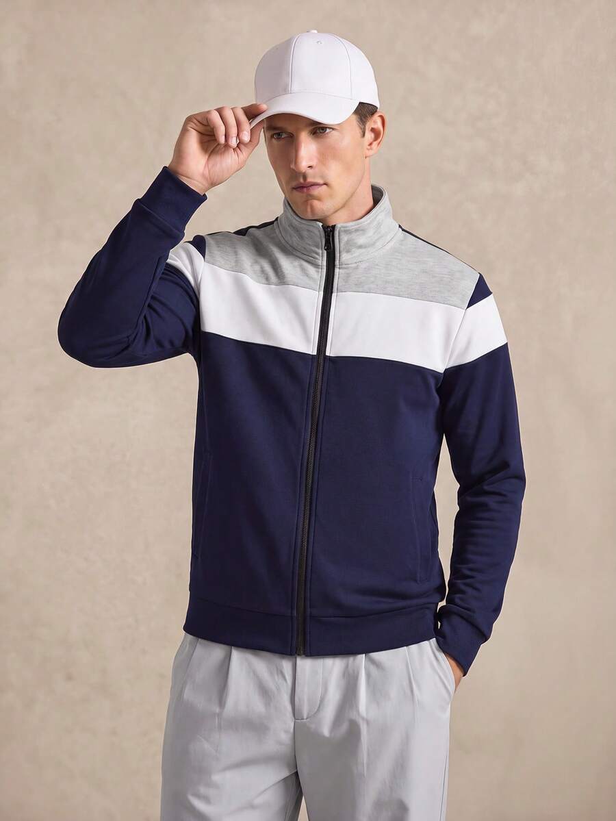 Courvante Sweatshirt Pria Motif Blok Warna dengan Resleting, Untuk Musim Gugur, Atasan Lengan Panjang, Tenis, Musim Dingin - Multi - View 1