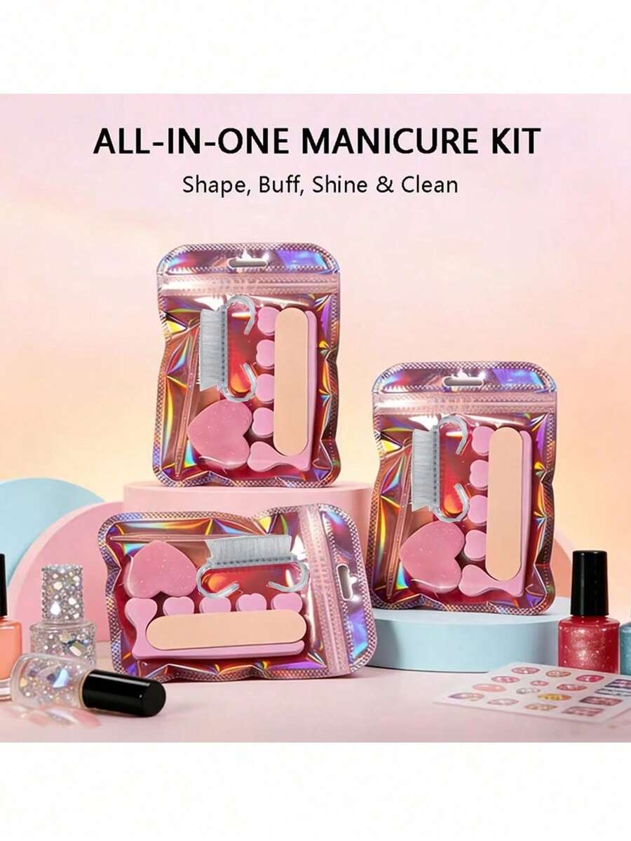 5pcs Hand And Foot Care Set, Includes Nail File, Polishing Block, Cleaning Brush, Toe Separator And Cuticle Pusher, Suitable For Professional Nail Salon, Daily Home Care, Travel And DIY Manicure - A - View 1