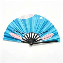 Fun Cartoon Blush Expression Kung Fu Sounding Fan, Lake Blue Fabric Folding Fan, Party Outfit Decoration Large Fan - Multicolor - View 6