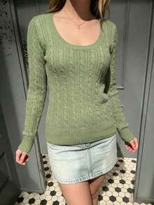 Women's Cable Knit Pullover Sweater, Long Sleeve, Ribbed Hem, Autumn/Winter Knit Top - Lime Green - View 1