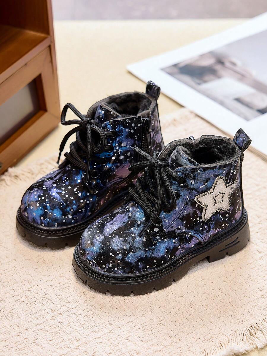 兒童星空印花保暖內裡靴,星星裝飾厚底防滑繫帶短靴,適合秋冬穿著 - 藍色 - 查看 1